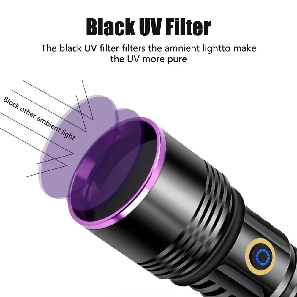 F-365 UV LED Mor Işıklı 20Watt Şarjlı 26650 Pilli Profesyonel El Feneri görsel 3