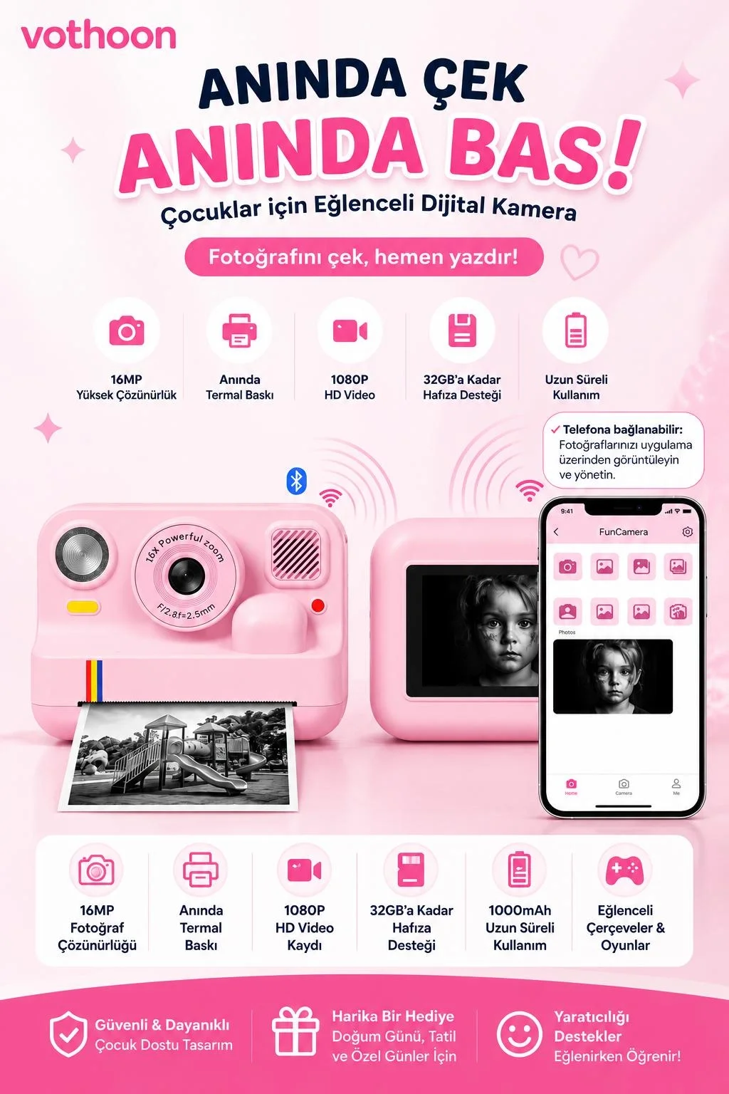 Çocuk Anında Baskılı Fotoğraf Makinesi 16MP Dijital Kamera 1080P Video WiFi Telefon Destekli