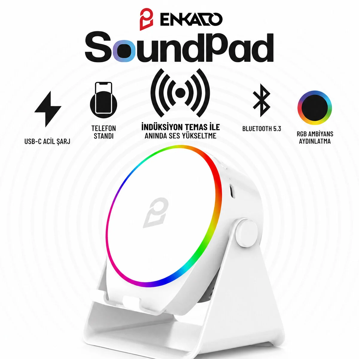 SOUNDPAD 5IN1 - 5W - 2000mAh TEMAS İLE SES YÜKSELTME - TELEFON STAND - USB-C ŞARJ BEYAZ İNDİKSİYON SES YÜKSELTİCİ BLUETOOTH HOPARLÖR SPEAKER EKD-S11 görsel 2