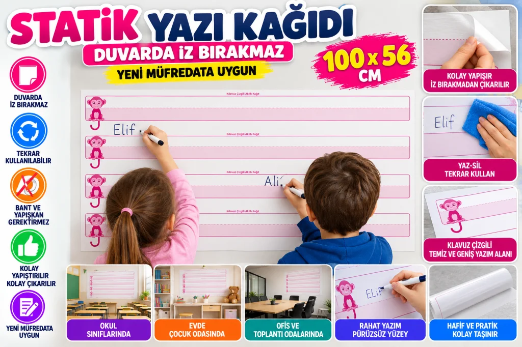 Kılavuz Çizgili Akıllı Kağıt Yazı Tahtası Duvarda İz Bırakmaz Statik Yeni Müfredata Uygun 100x56cm