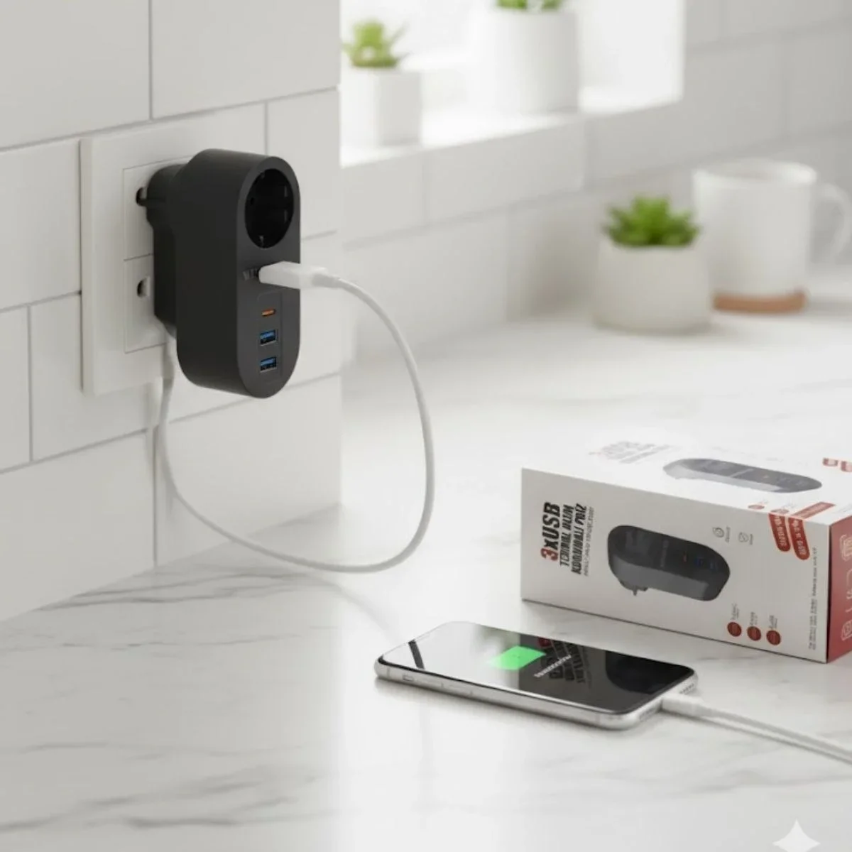 2 USB,1 TYPE-C Girişli 1'li Çocuk Korumalı,Isıya Karşı Dayanıklı 2500Watt Termal Akım Korumalı Priz görsel 4