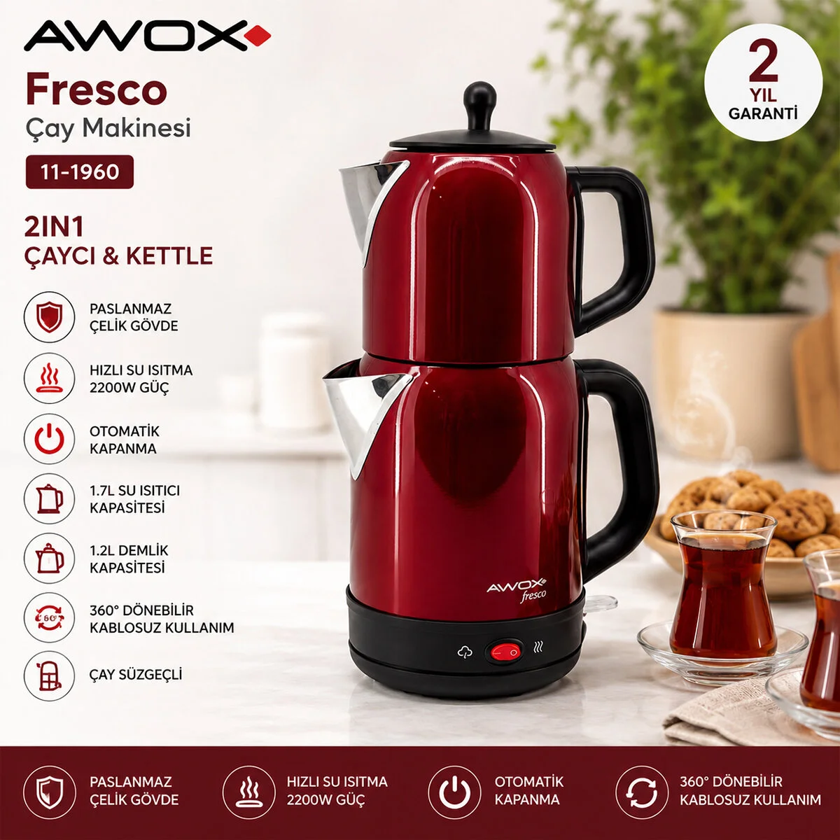 Awox Fresco Kırmızı Elektrikli Çay Makinesi Çaycı Set 1.7LT Su Isıtıcı + 1.2LT Demlik Paslanmaz Çelik Gövde 2200W görsel 3