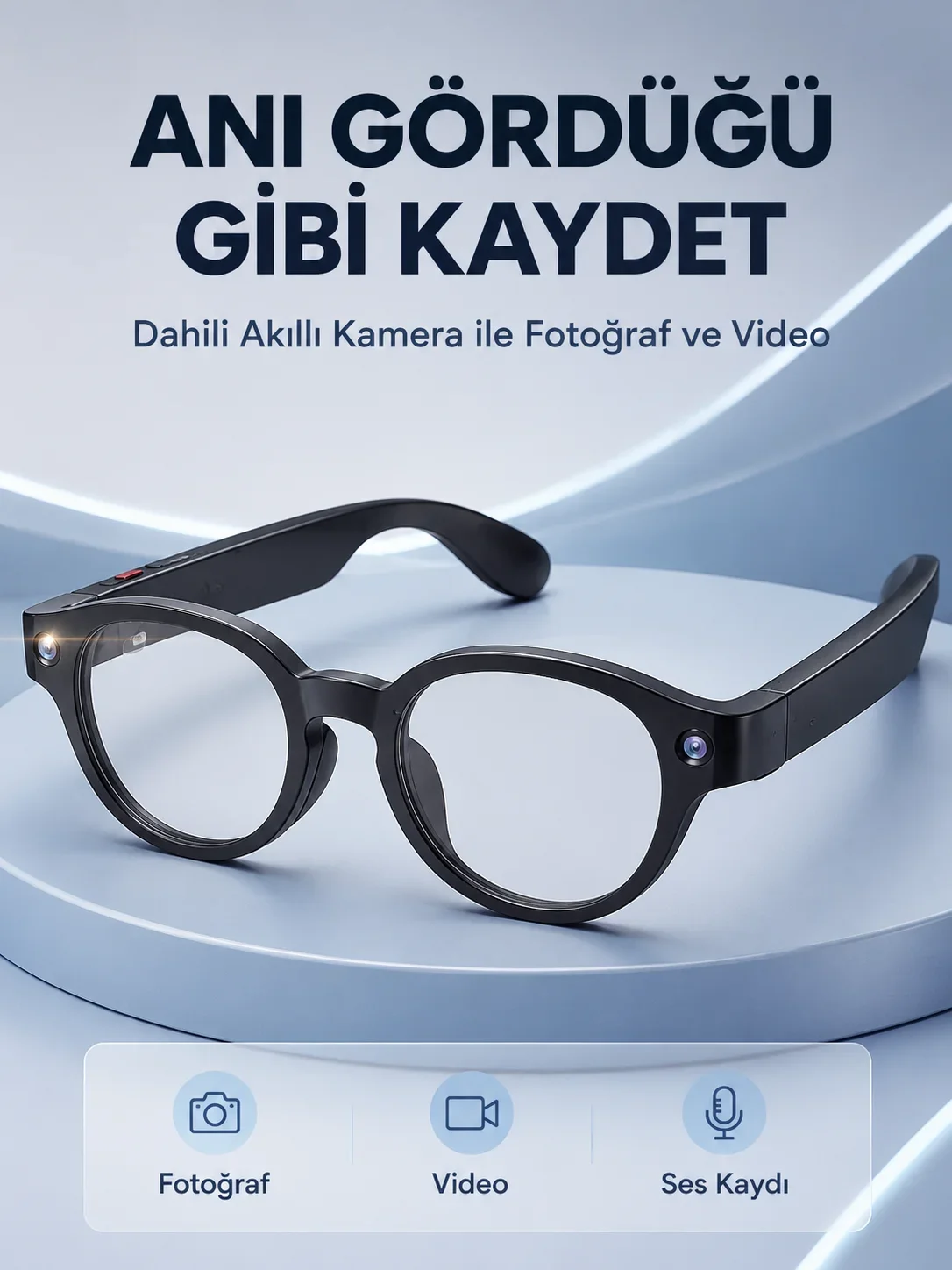 Siyah Bluetooth Akıllı Gözlük Dahili Kameralı Fotoğraf Video Kayıt AI Çeviri Dokunmatik Kontrol Özellikli