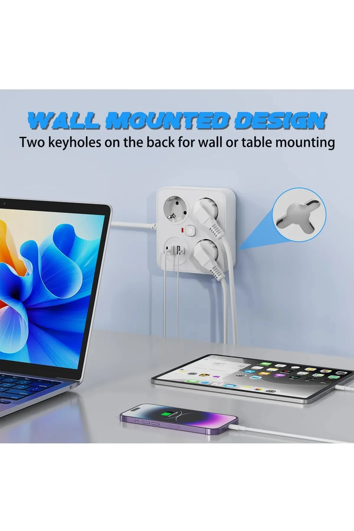 Akım Korumalı Anahtarlı Priz - 3X Priz - 2X Usb - 2X Type-C - 2 mt Kablo Hızlı Şarj Özellikli Siyah görsel 4