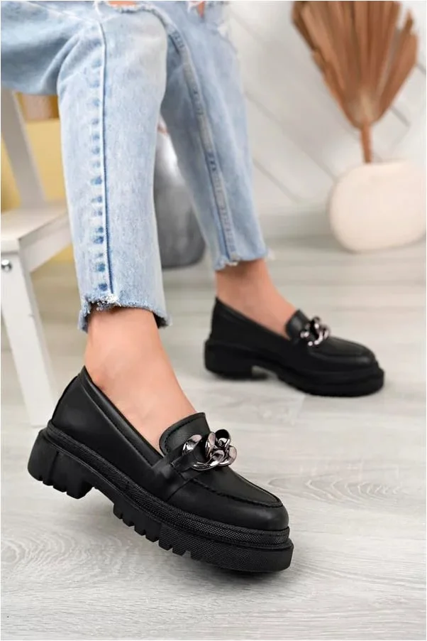 Kadın Loafer Ayakkabı Ayakkabı Zincirli Bağcıksız Taban Kalın Casual görsel 3