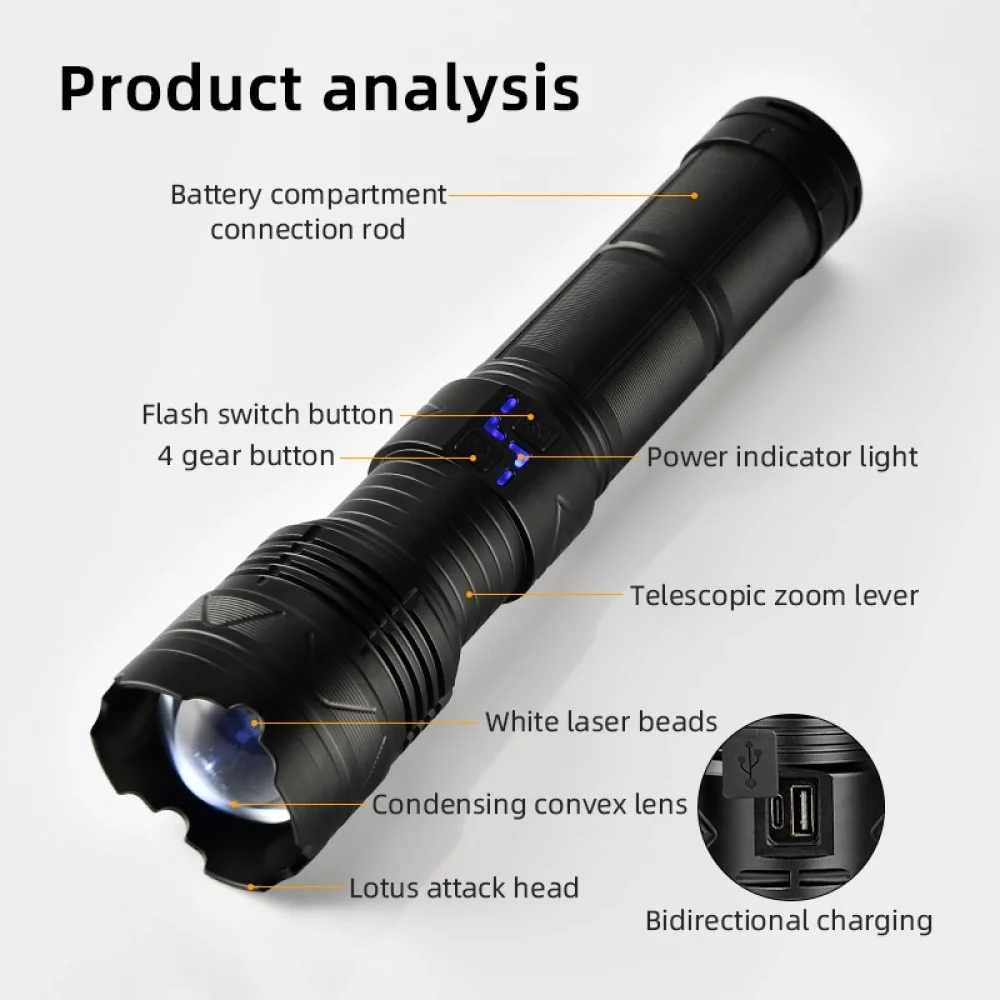 PS-1998 Ultra Parlak Su Geçirmez Zoomlu Güçlü 200W 30000 Lümen Şarjlı Bekçi Avcı Kamp El Feneri görsel 3