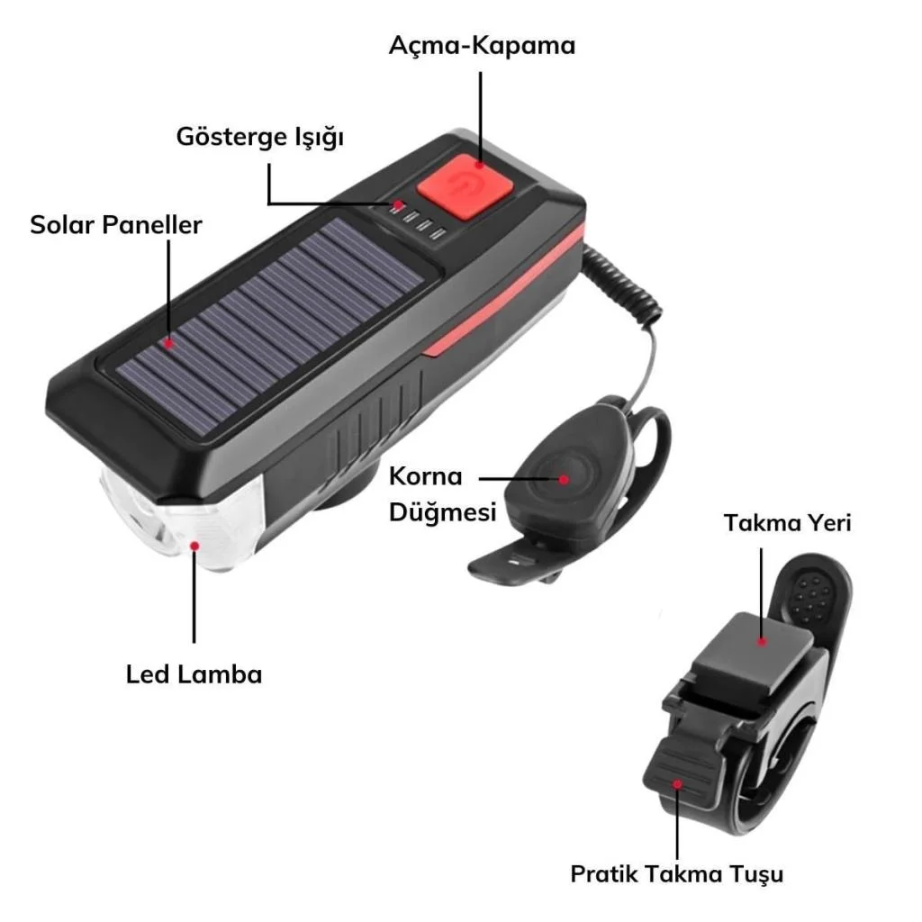 Solar Enerjili USB ile Şarj Edilebilir Ledli Bisiklet Feneri Kornalı ve Su Geçirmez Far (adet fiyatıdır) görsel 3