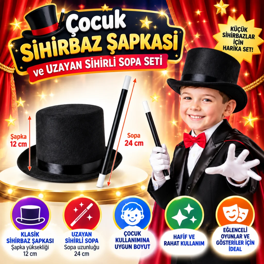 Çocuk Sihirbaz Şapkası ve Uzayan Yaylı Sihirli Sopa Seti