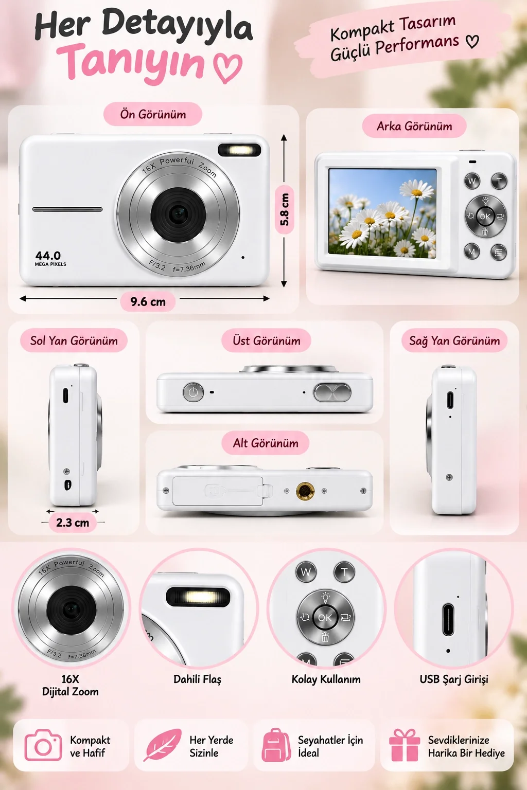 4K Figürlü Çantalı Dijital Video Kamera 44MP 16X Zoom Işıklı Kart Dijital Fotoğraf Makinesi 64gb Hafıza Kart Hediyeli beyaz görsel 3