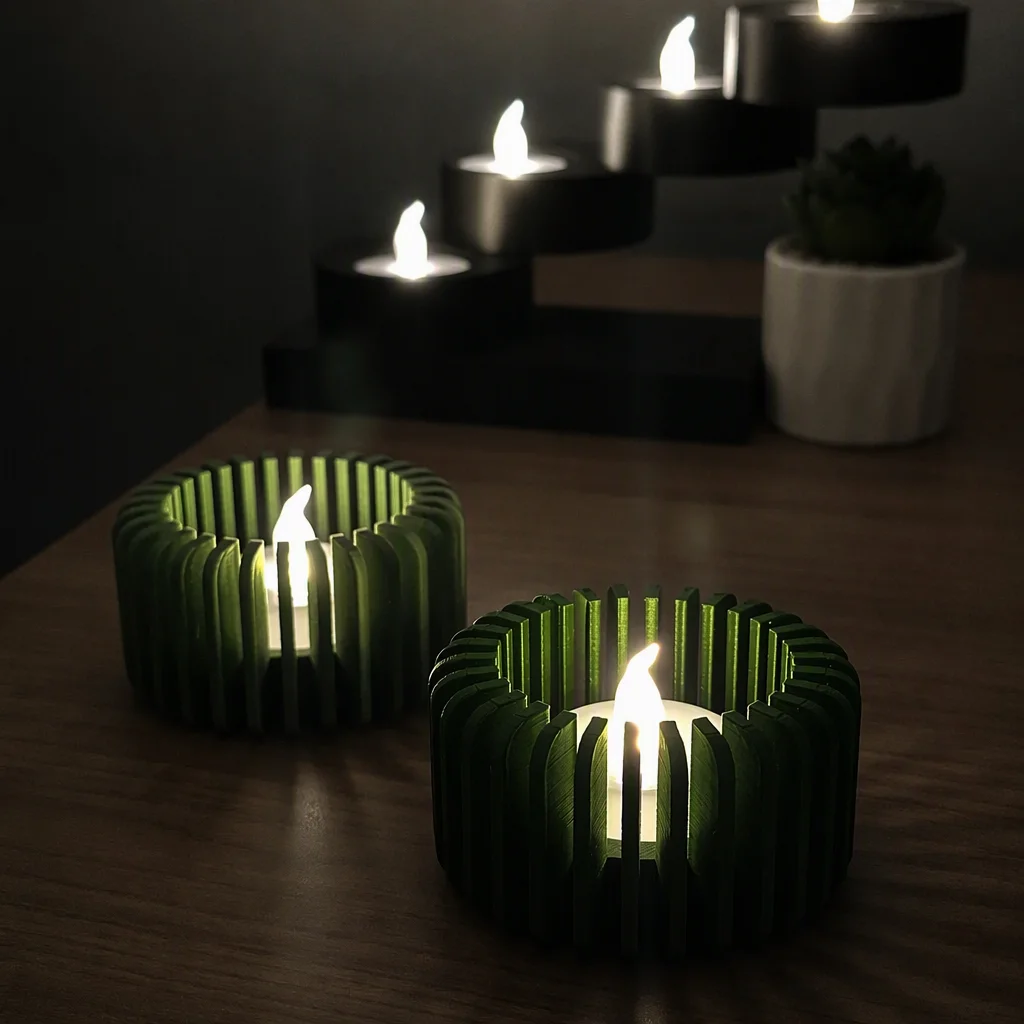 3D Baskı Modern Çizgili Mumluk - Tealight Mumluk (1 Adet)-Yeşil görsel 3