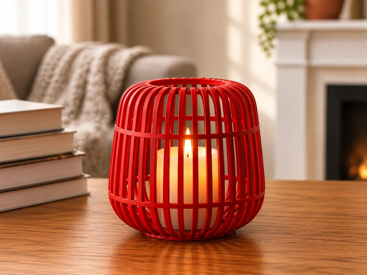 3D Baskı Modern Kafes Tasarımlı Dekoratif Mumluk - Tealight Mumluk, Masaüstü Ev ve Ofis Dekoru-Kırmızı