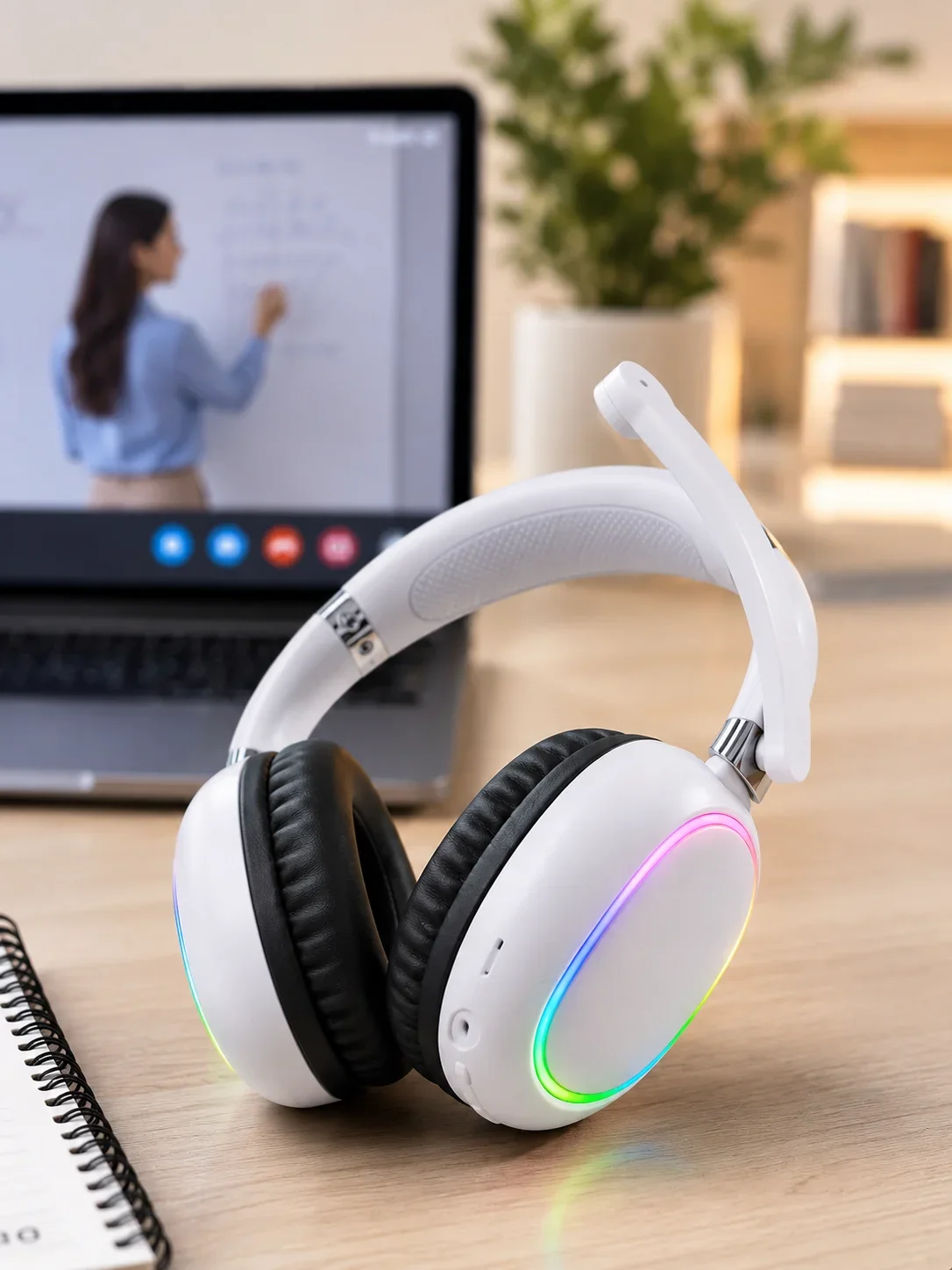 Kablosuz Bluetooth Mikrofonlu Beyaz Kulaklık RGB Işıklı görsel 3