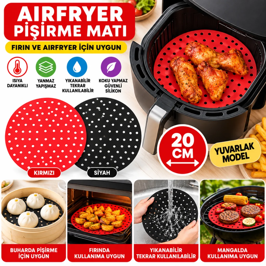 Siyah Isıya Dayanıklı Yıkanılabilir Silikon Fırın Ve Airfryer Yuvarlak Model Pişirme Matı 20 Cm