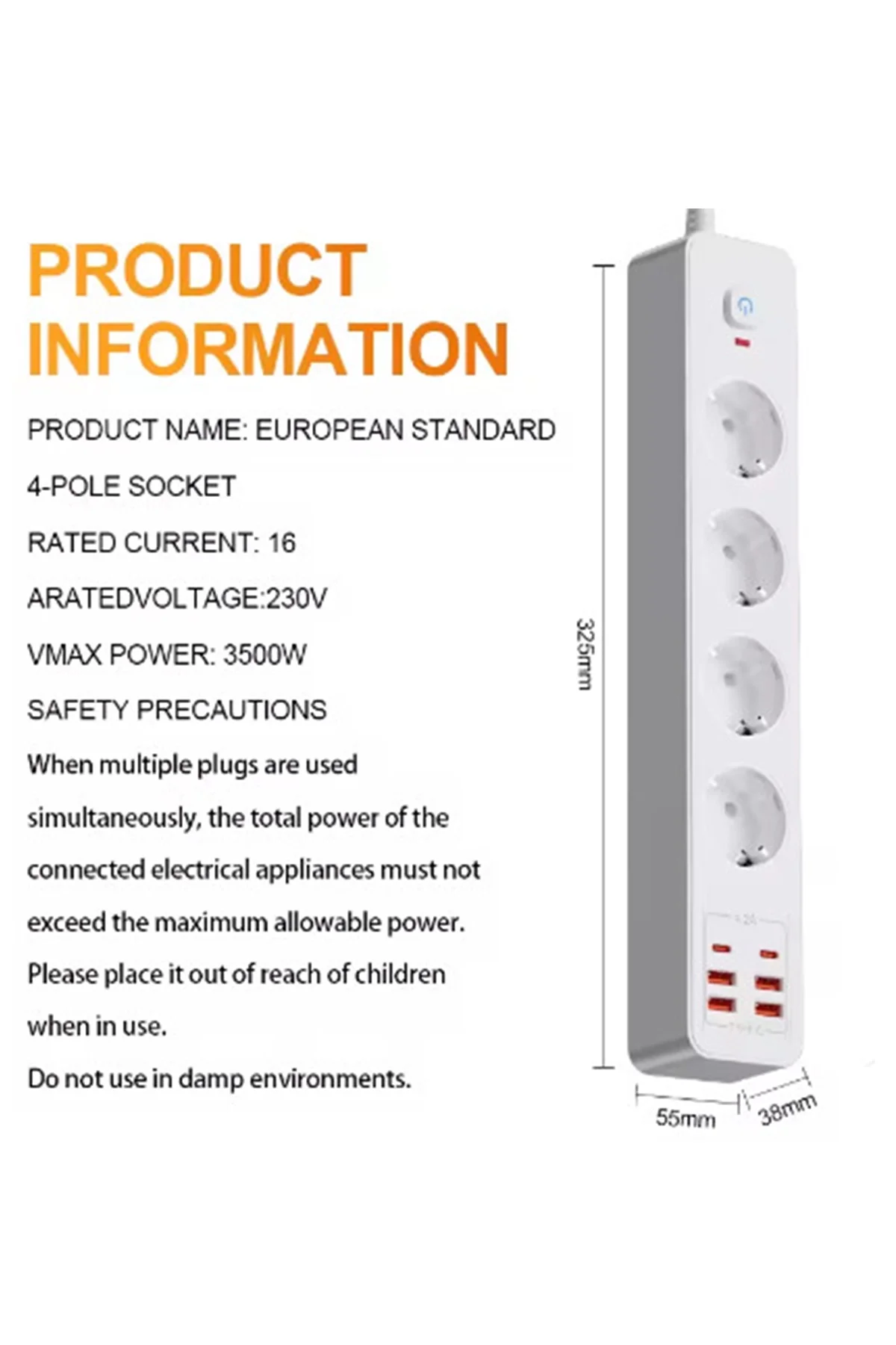 Termal Akım Korumalı 4’lü Priz 4x USB 2x Type-C Çıkışlı Grup Priz Çoğaltıcı (3500W) görsel 5