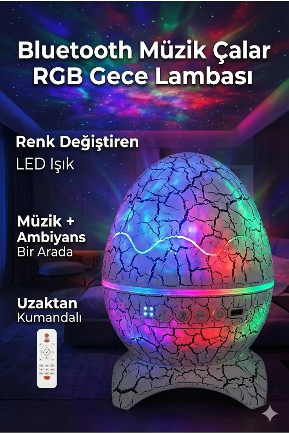 Bluetooth Hoparlörlü RGB Gece Lambası – Dinazor yumurtası Işıklı, Uzaktan Kumandalı Dekor Lamba görsel 3