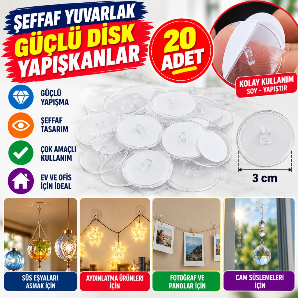 20 Adet Şeffaf Yuvarlak 3 Cm Çaplı Güçlü Disk Yapışkanlar