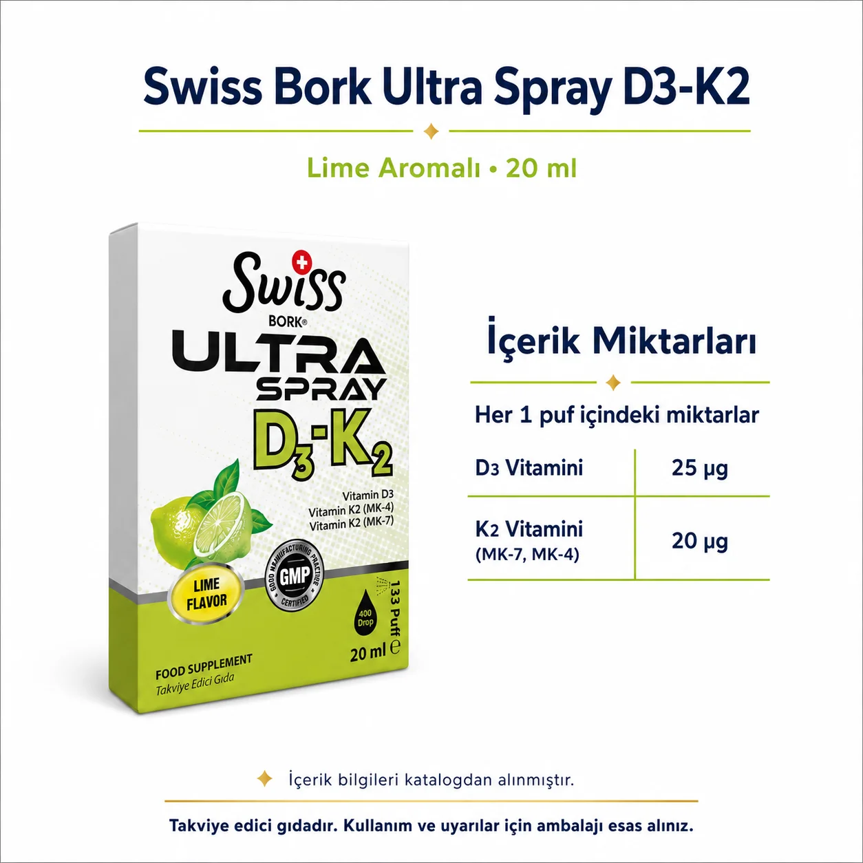 Swiss Bork Ultra Spray D3-K2 Lime Aromalı Sprey 20 ml
