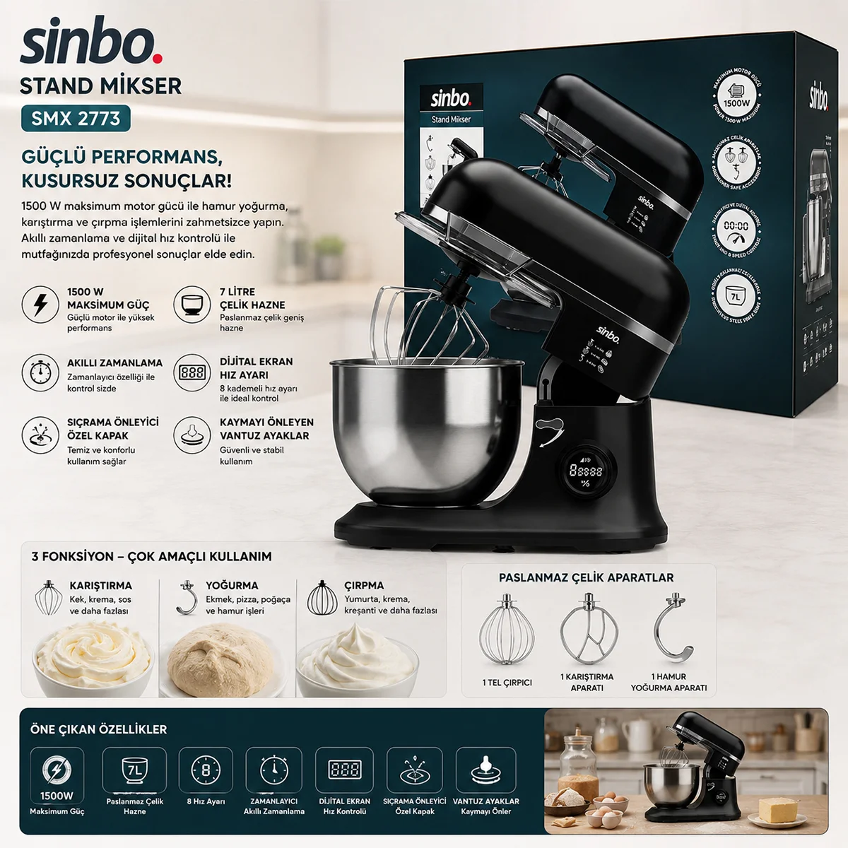 Stand Mikser 7L 1500W 8 Hız Çırpıcı Hamur Yoğurucu görsel 3