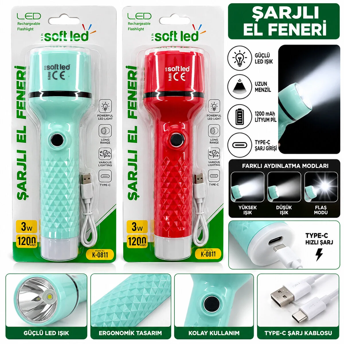 2IN1 Şarjlı El Feneri Usb - Type-c Şarjlı 1 Led 2W - 8 Smd 1W K-0811 görsel 2