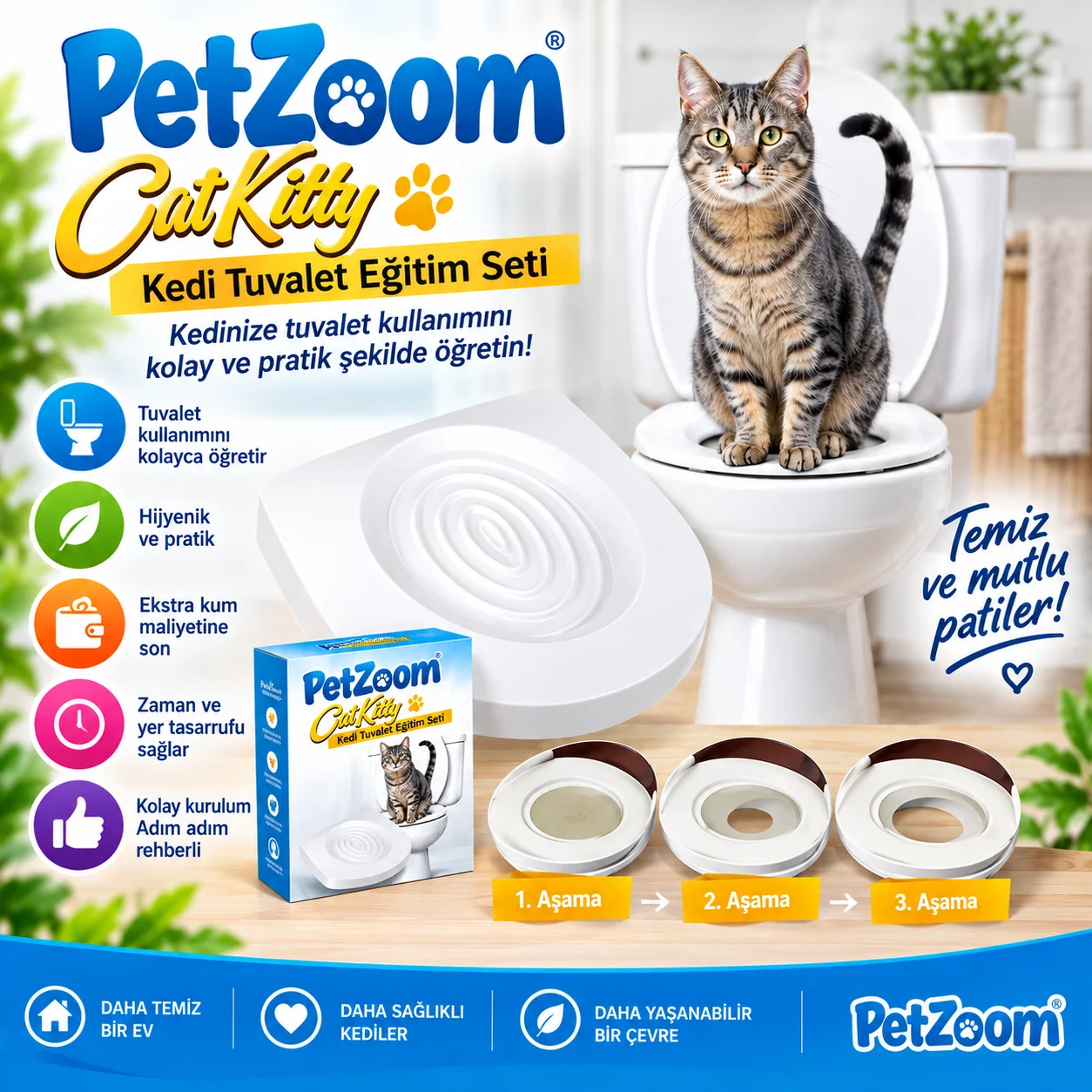 PetZoom Citi Kitty Kedi Tuvalet Eğitim Seti – Kedi Klozete Alıştırma Aparatı