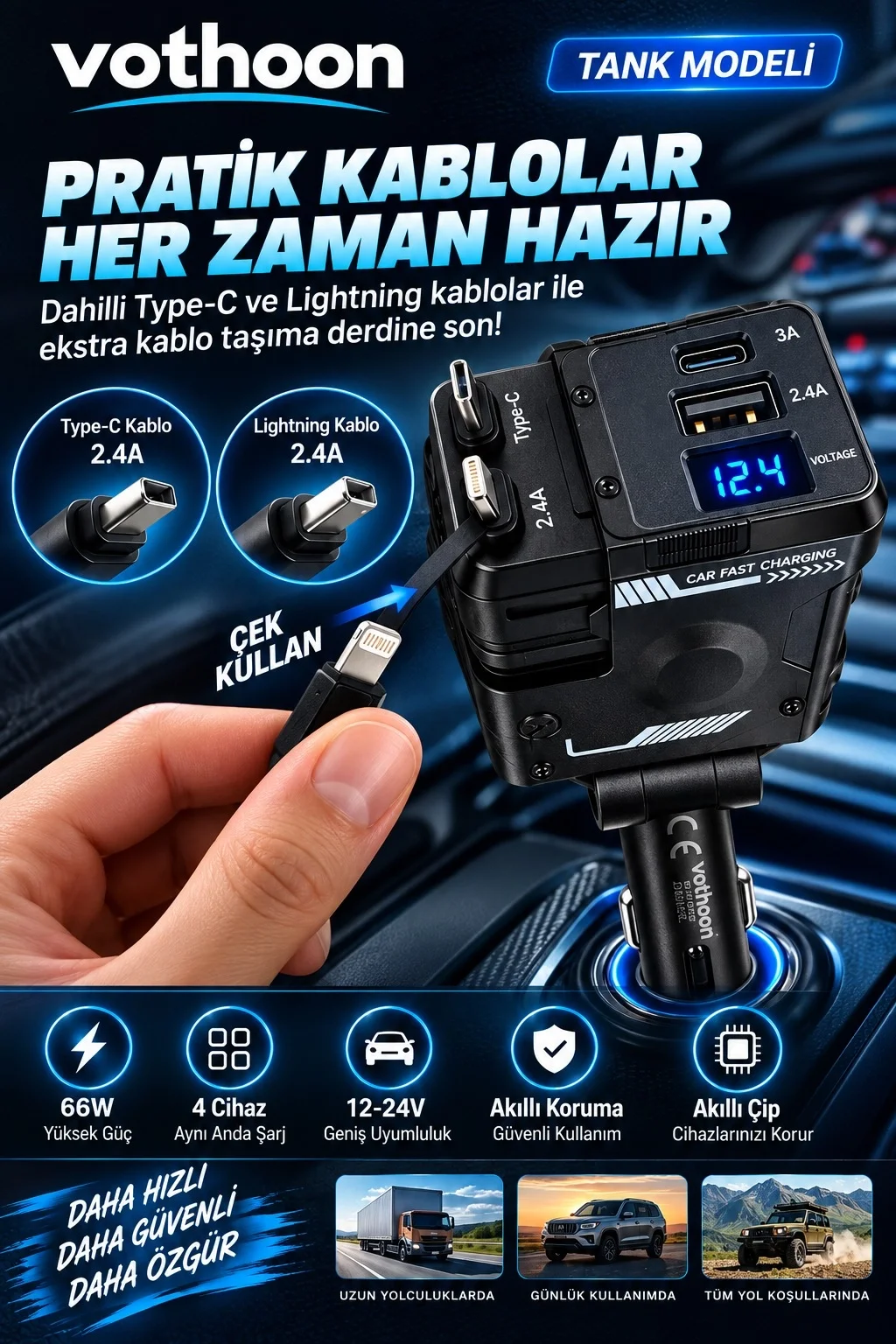 Tank Modeli 66W 4’ü 1 Arada Çift Kablolu Araç İçi Çakmaklık Hızlı Şarj Aleti Voltaj Göstergeli görsel 5