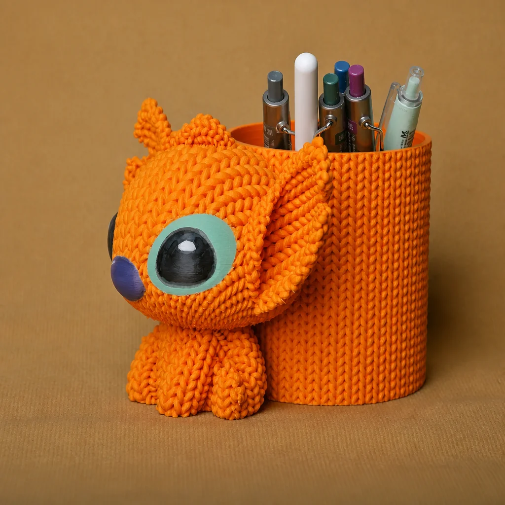 3D Baskı Knitted Kalemlik - Sevimli Karakterli Masaüstü Kalem Organizeri-Turuncu görsel 3