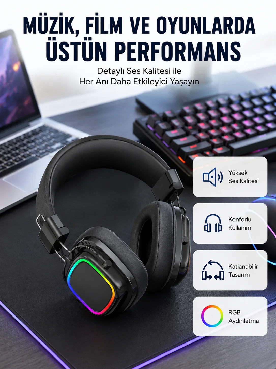 RGB Işıklı Katlanabilir Bluetooth 5.3 Kulak Üstü Kulaklık
