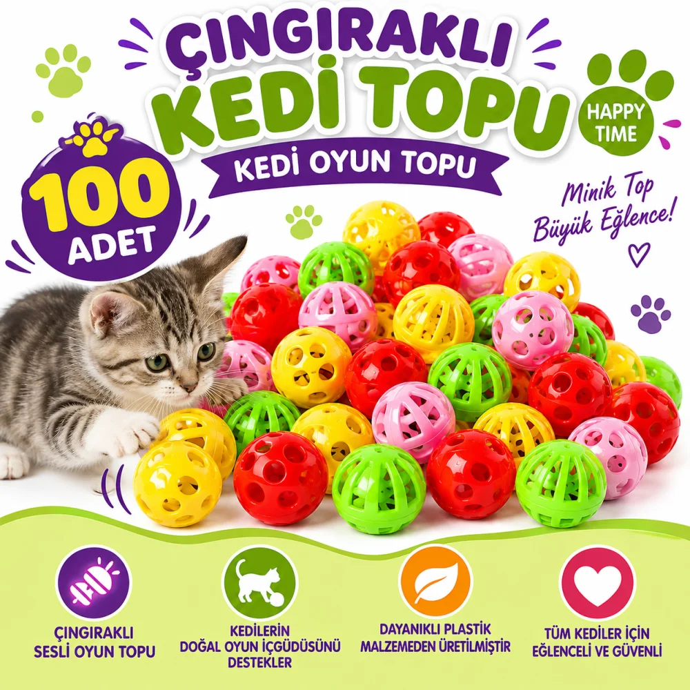 PetZoom 100'lü Çıngıraklı Kedi Topu Kedi Oyuncağı Renkli Sesli Oyun Topu Seti görsel 2