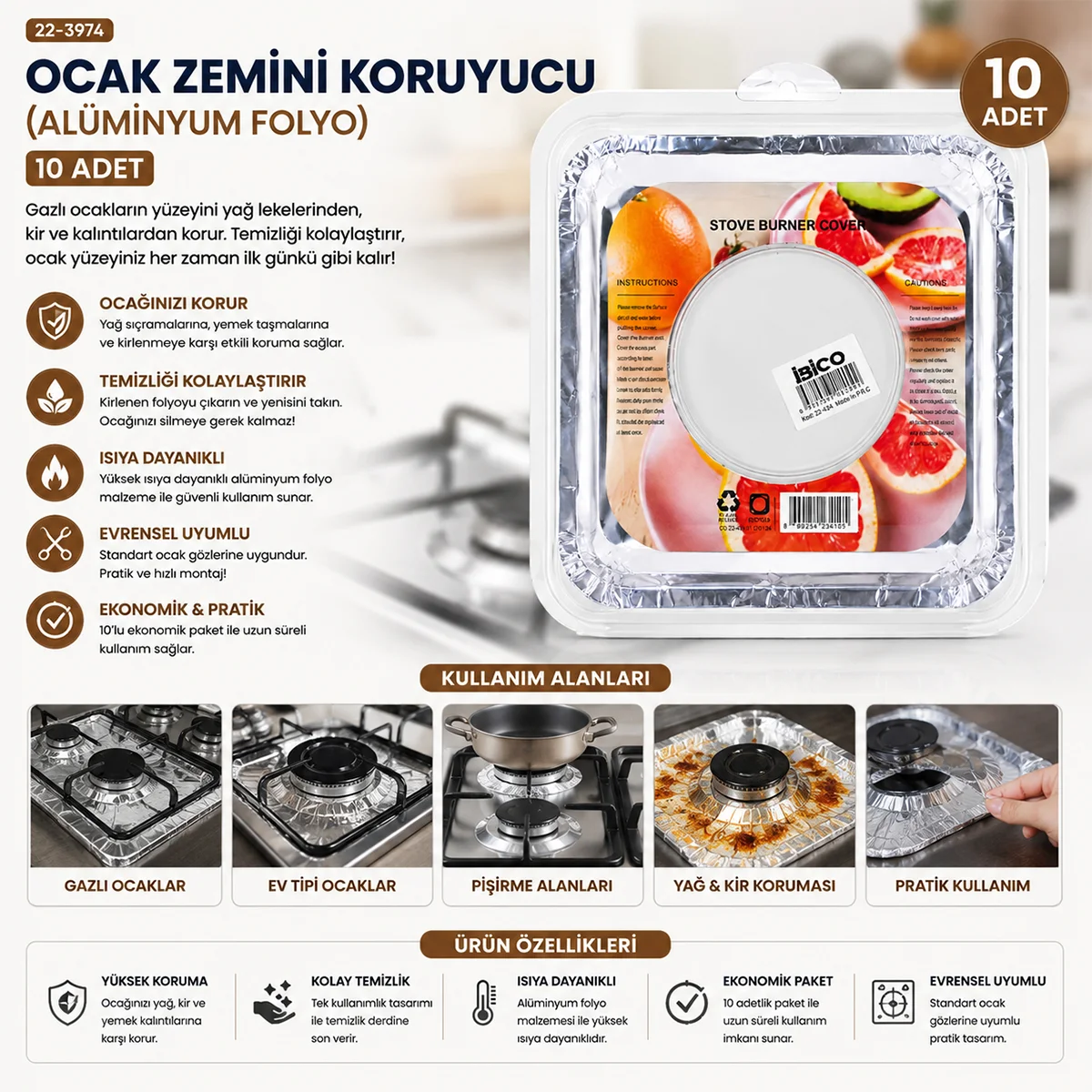 Ocak Zemini Koruyucu Alüminyum Folyo 20.5 cm 10'lu görsel 2