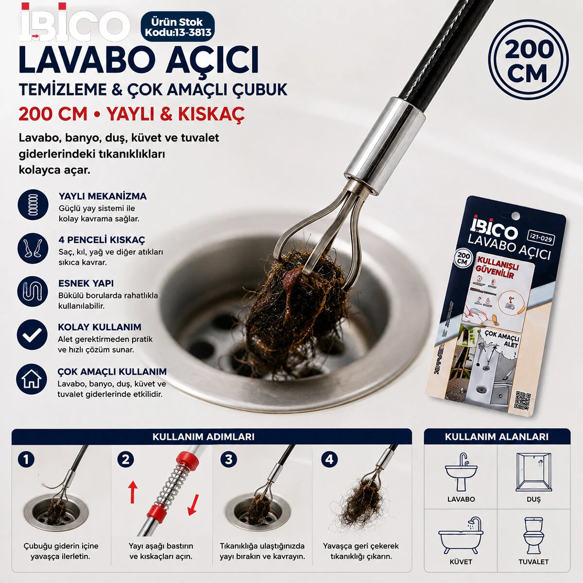 200CM Yaylı - Kıskaç Lavabo - Gider Vb.tezleme - Çok Amaçlı Çubuk görsel 2