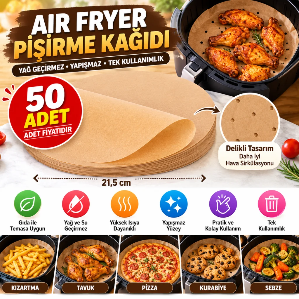 50 Adet Air Fryer Pişirme Kağıdı Yağ Geçirmez 21,5 cm Yuvarlak Model XXL Model Uyumlu