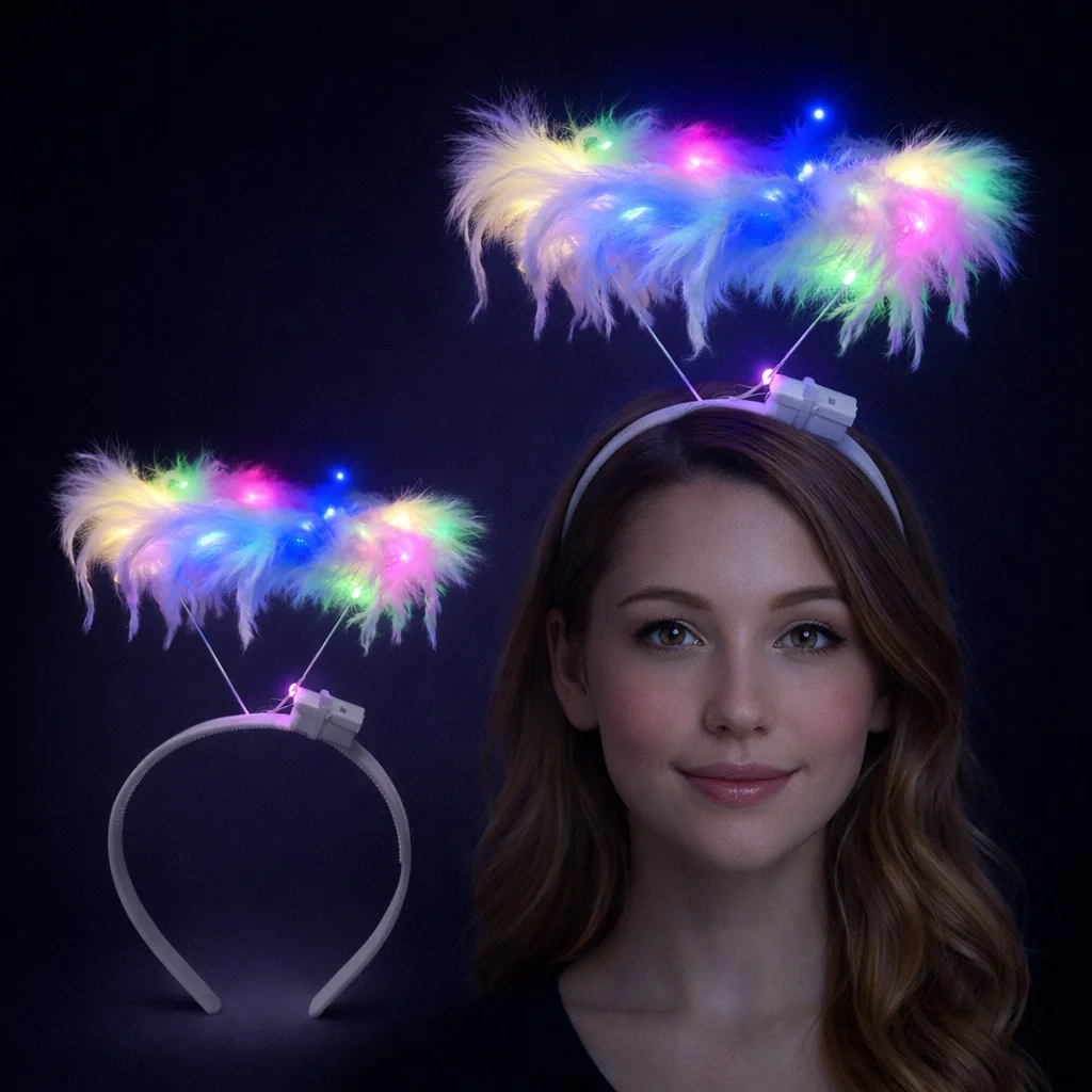 Renkli LED Işıklı Beyaz Tüylü Püsküllü Parti Tacı görsel 2