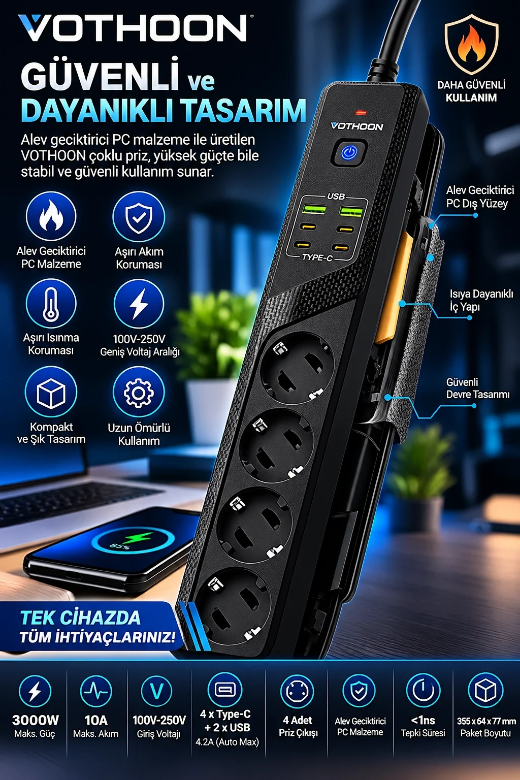 4’lü Akım Korumalı Çoklu Priz 4 Type-C 2 USB Girişli 4.2A Hızlı Şarj Destekli Priz 3000W görsel 4