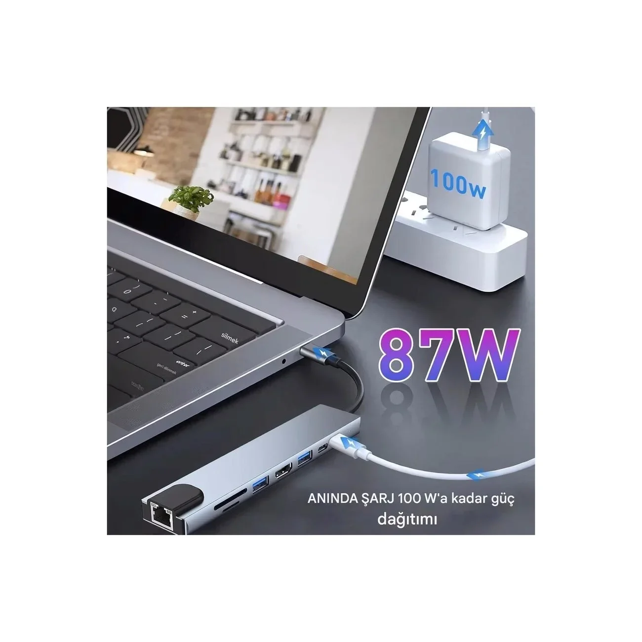 MacBook ve Laptop Uyumlu Çok Fonksiyonlu USB-C Dönüştürücü - Alünyum Gövdeli Hub görsel 7