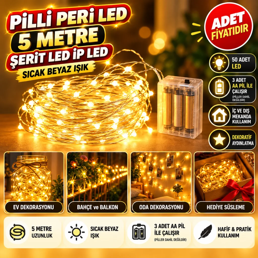 Peri Led Işık 5 Metre (Sarı) Pilli Aydınlatma Şerit Saçak Spot Süsleme