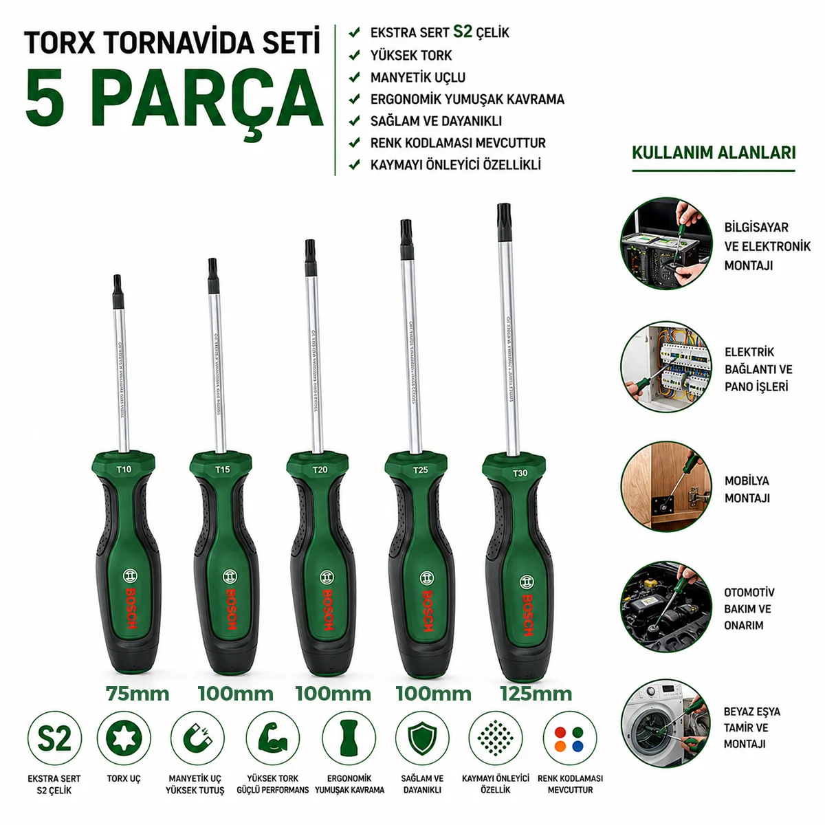 5 Parça Torx Tornavida Seti (TX10-TX30, 75-125 mm) görsel 2