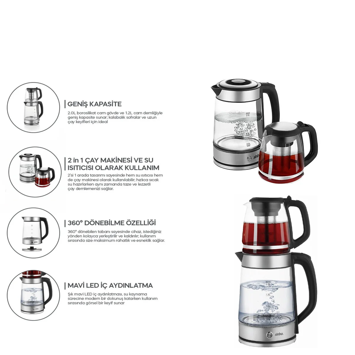 2İN1= Çaycı - Kettle Çelik Elektrikli Çay Makinesi 2LT + 1,2LT Çay Süzgeçli 360° Dönebilir STM-5990