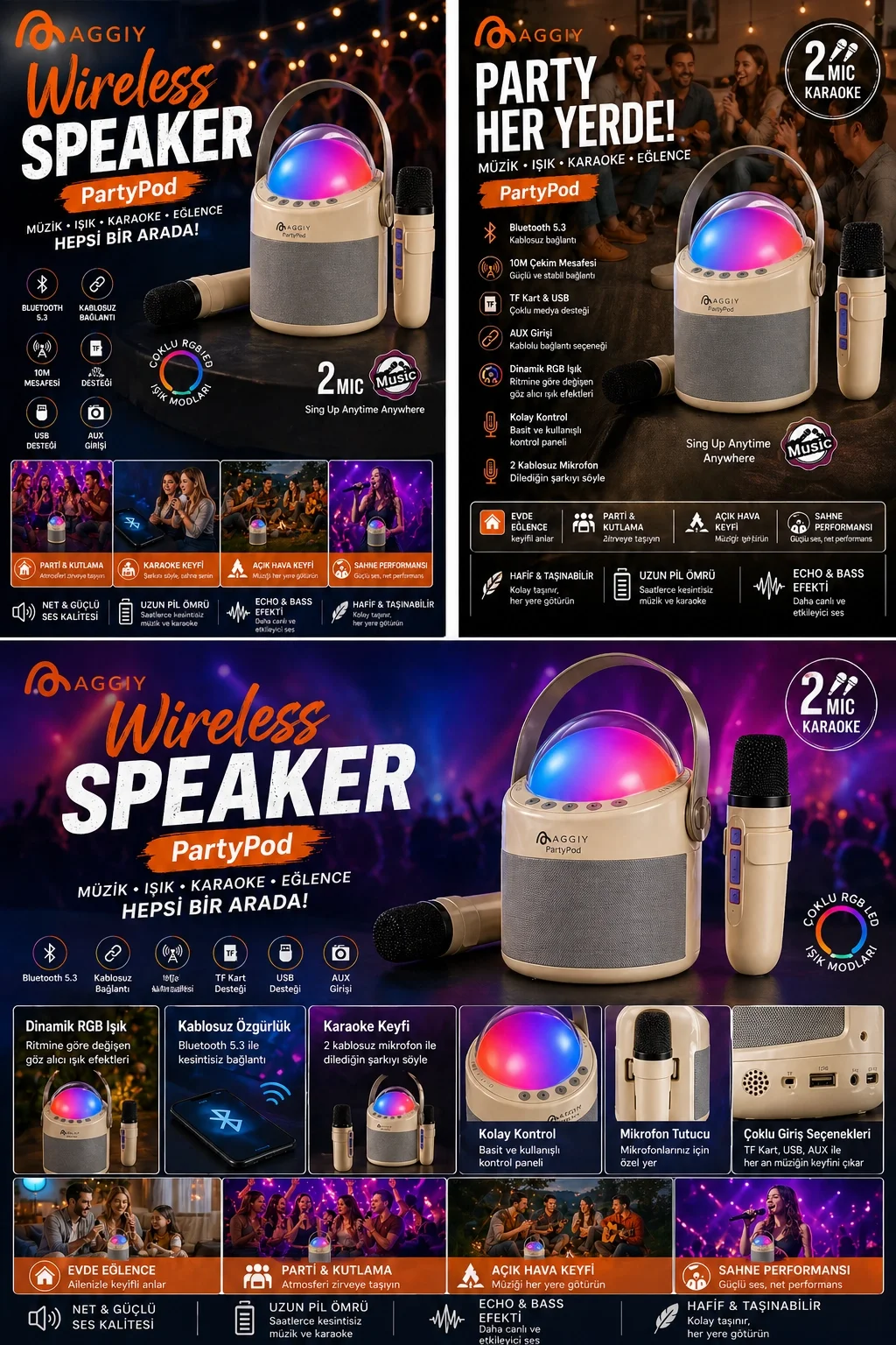PartyPod Bluetooth 5.3 Destekli Çok Fonksiyonlu Kablosuz Mikrofon Ve Hoparlör görsel 4