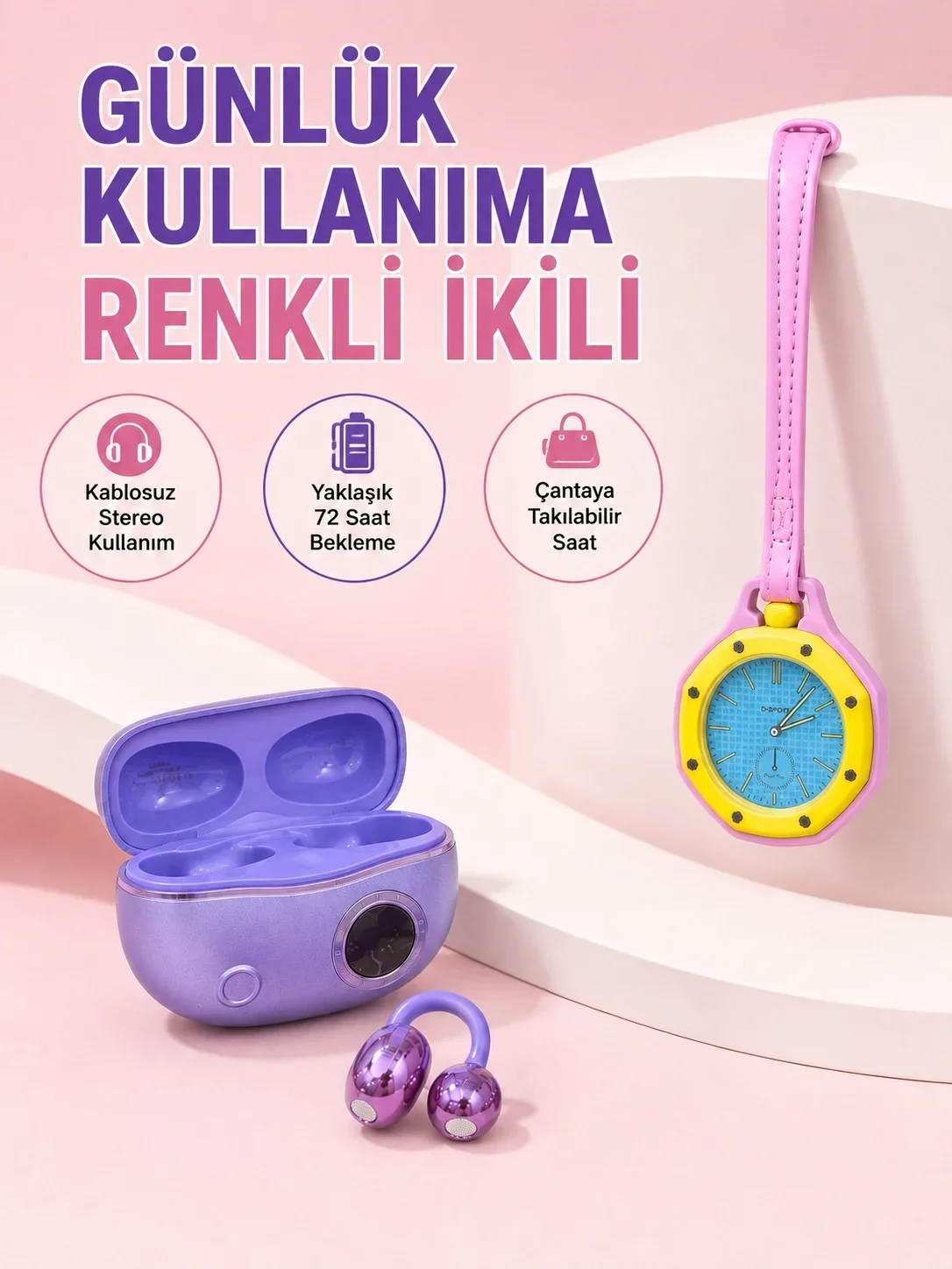 Şarj Kutulu Kablosuz Kulaklık ve Pembe Çanta Charm og Saat Seti Müzik ve Aksesuar Bir Arada