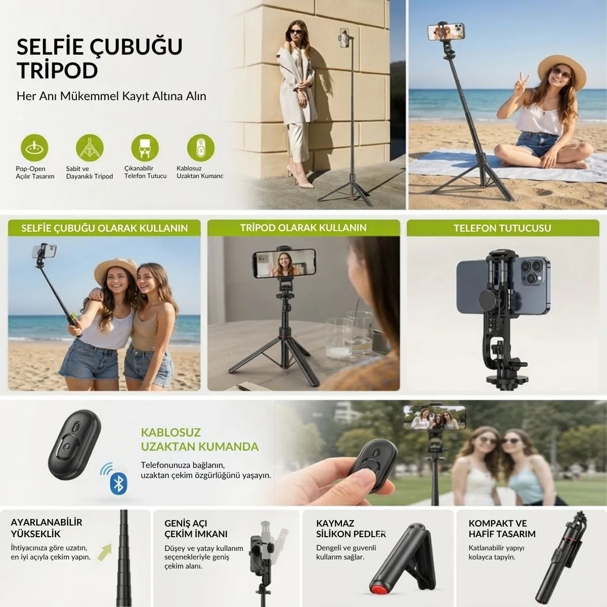 130 cm Uzayabilen Manyetik Kumandalı Tripod ve Ayarlanabilir Telefon Tutuculu, Alüminyum Gövdeli Selfie Çubuğu görsel 4