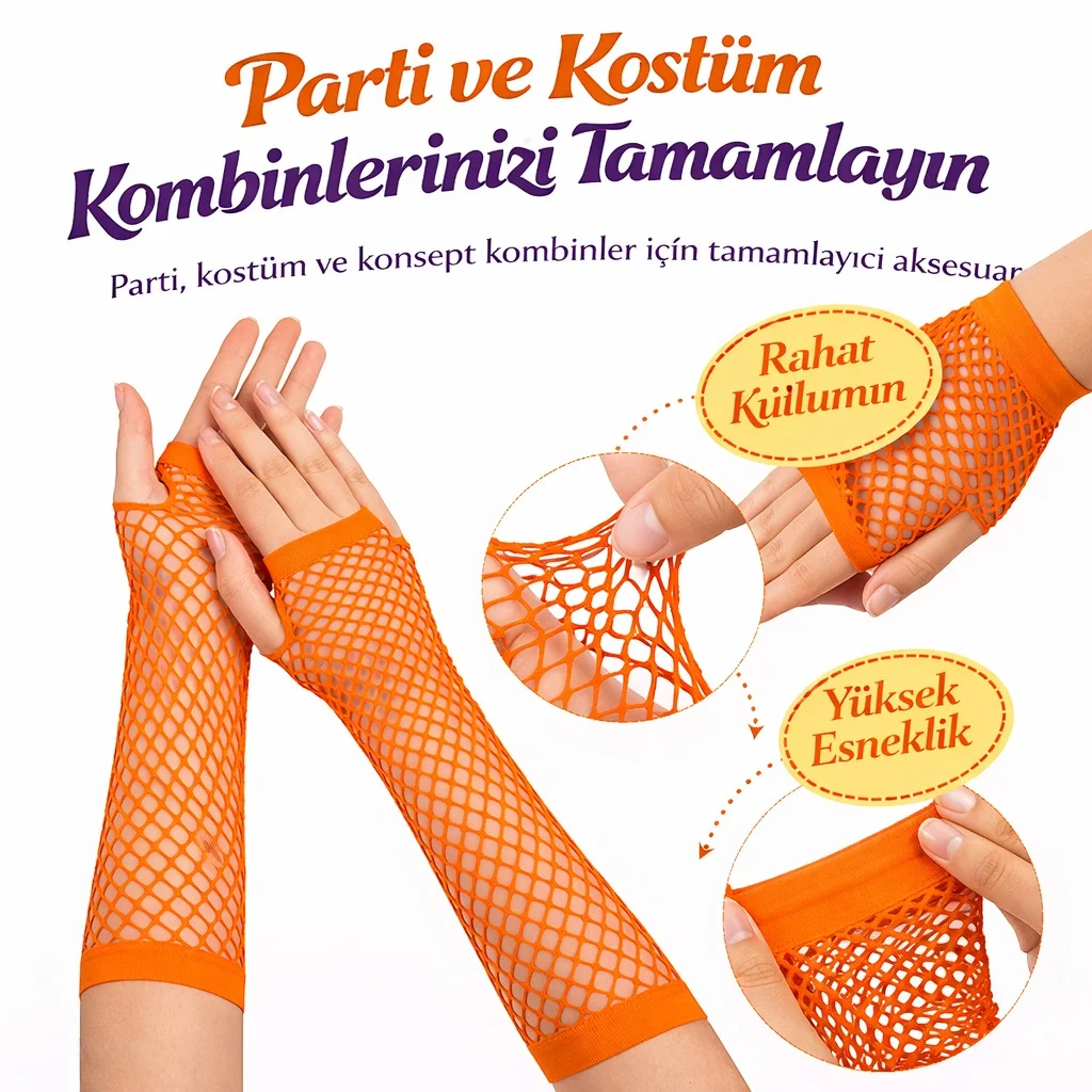80’ler 90’lar Retro Turuncu File Parmaksız Eldiven 26 cm görsel 2