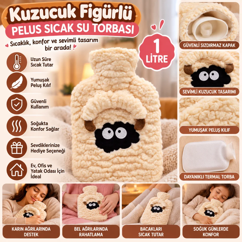 Kuzucuk Figürlü Peluş Sıcak Su Torbası 1 Lt – Yumuşak Kılıf, Uzun Süre Sıcak Tutan Termal Su Torbası