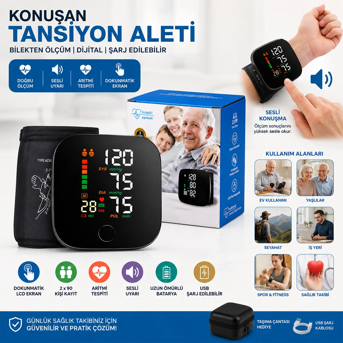 Bilek Tipi Dijital Tansiyon Ölçer - USB Şarjlı, Konuşan görsel 2