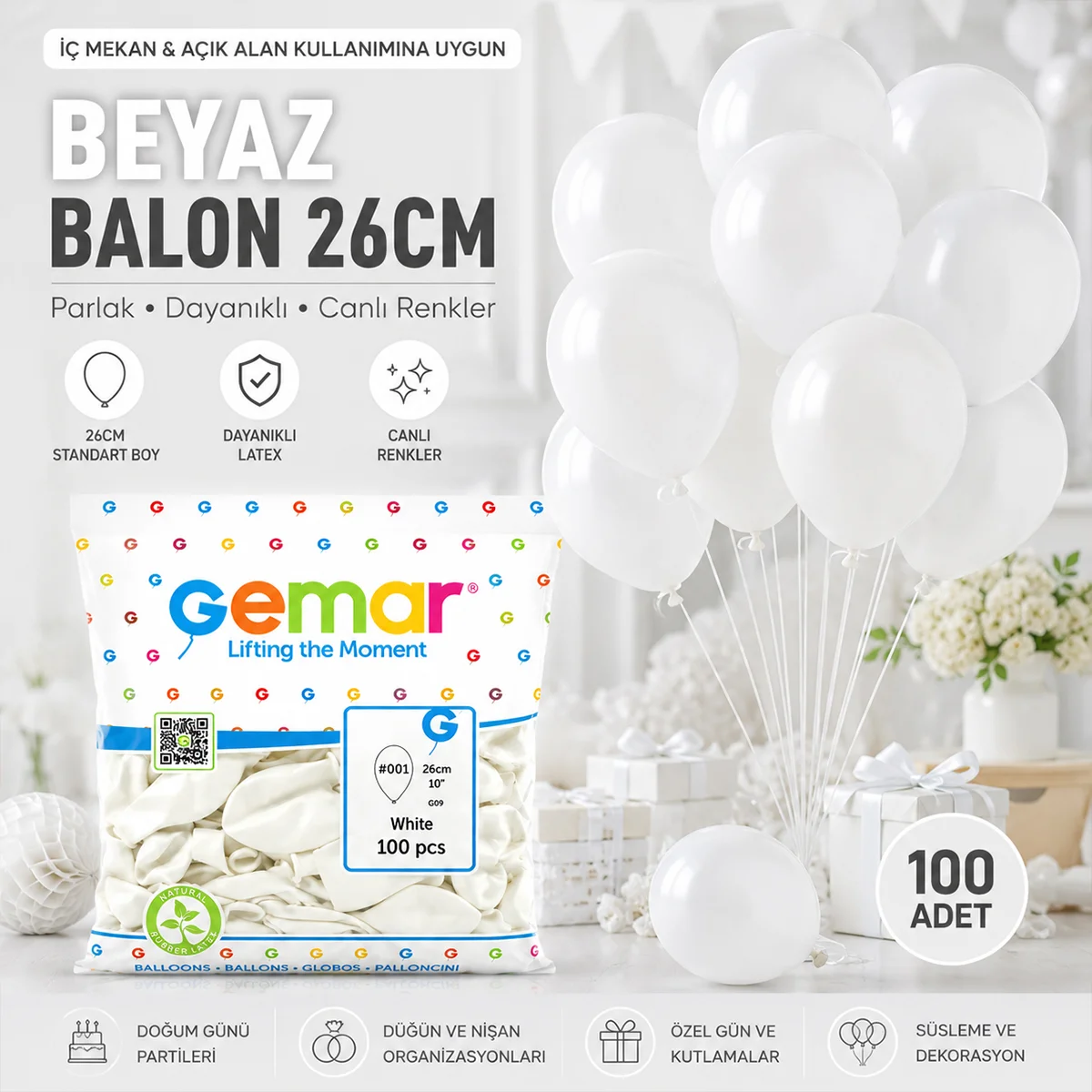 Beyaz İç Mekan Lateks Balon 10'' (26 cm) - 100'lü Paket görsel 3