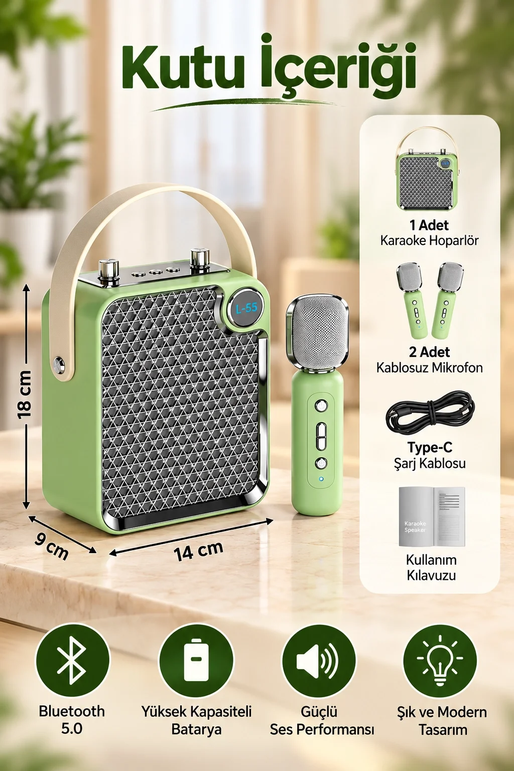 Bluetooth Karaoke Hoparlör 2 Mikrofonlu Taşınabilir Şarjlı Müzik Seti Ses Değiştirme Özl yeşil görsel 4