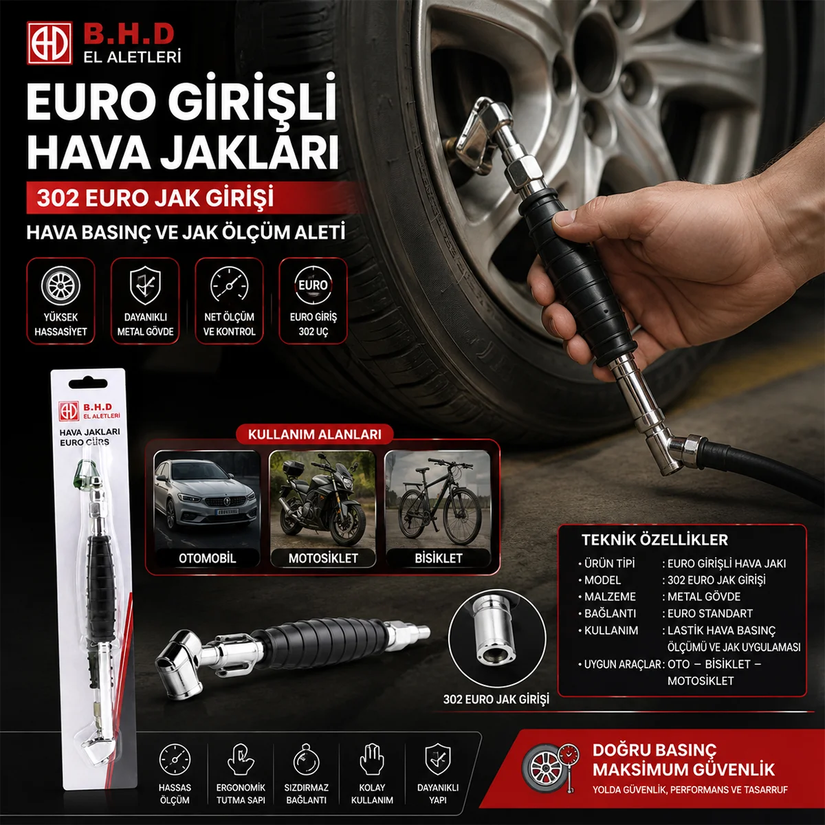 Lastik Hava Basınç Ölçer - Oto/Bisiklet/Motosiklet/Bot görsel 3