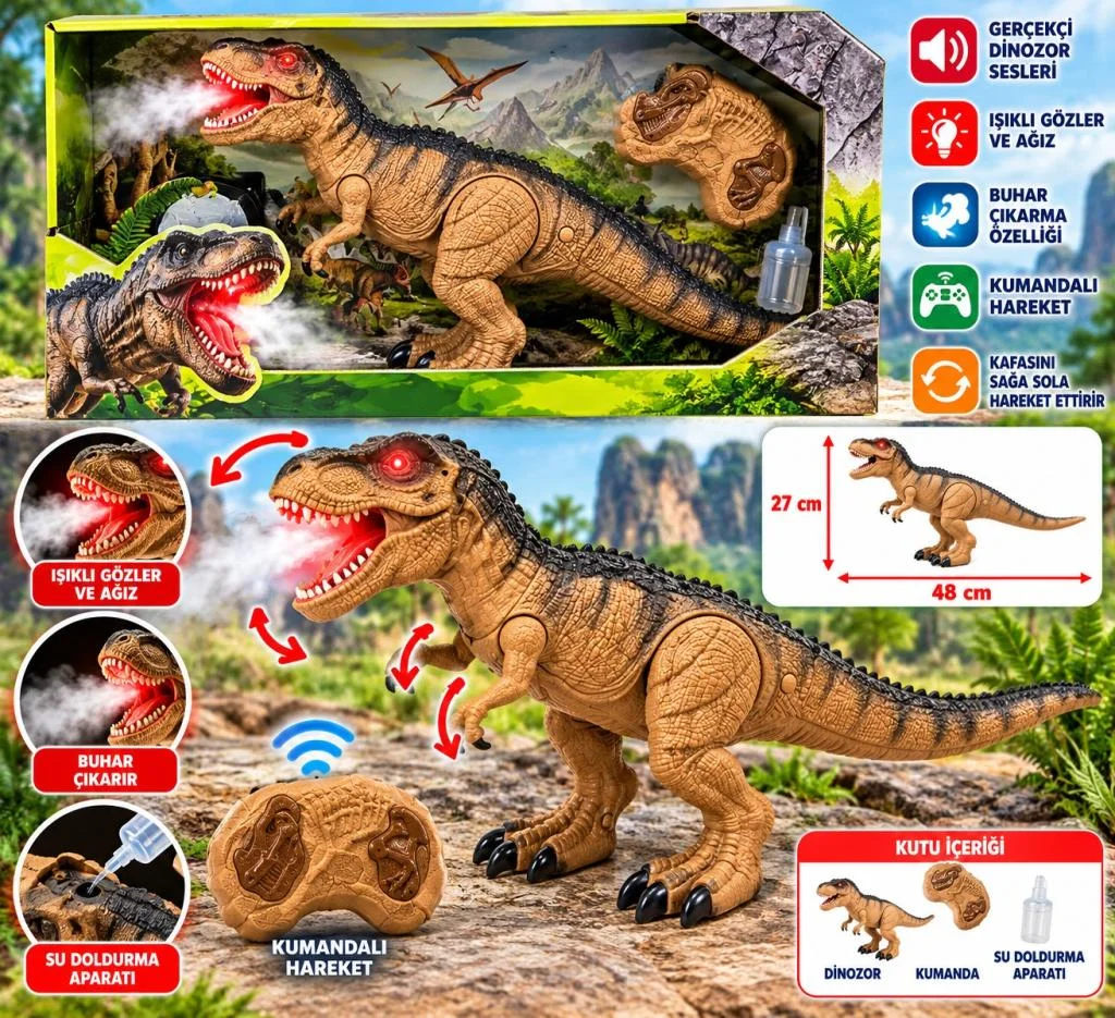 Sesi Işıklı Kumandalı Buharlı Dinozor T-Rex