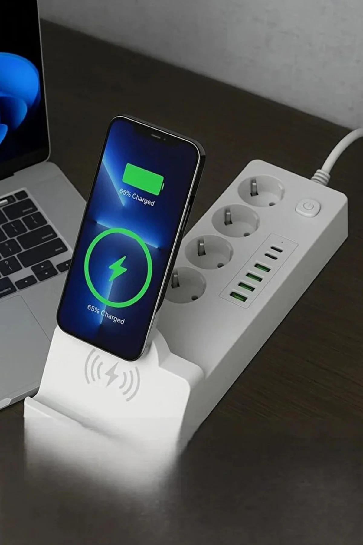 Akım Korumalı Kablosuz Şarjlı Masaüstü Priz | 4 Priz, 4 USB, 2 Type-C görsel 2