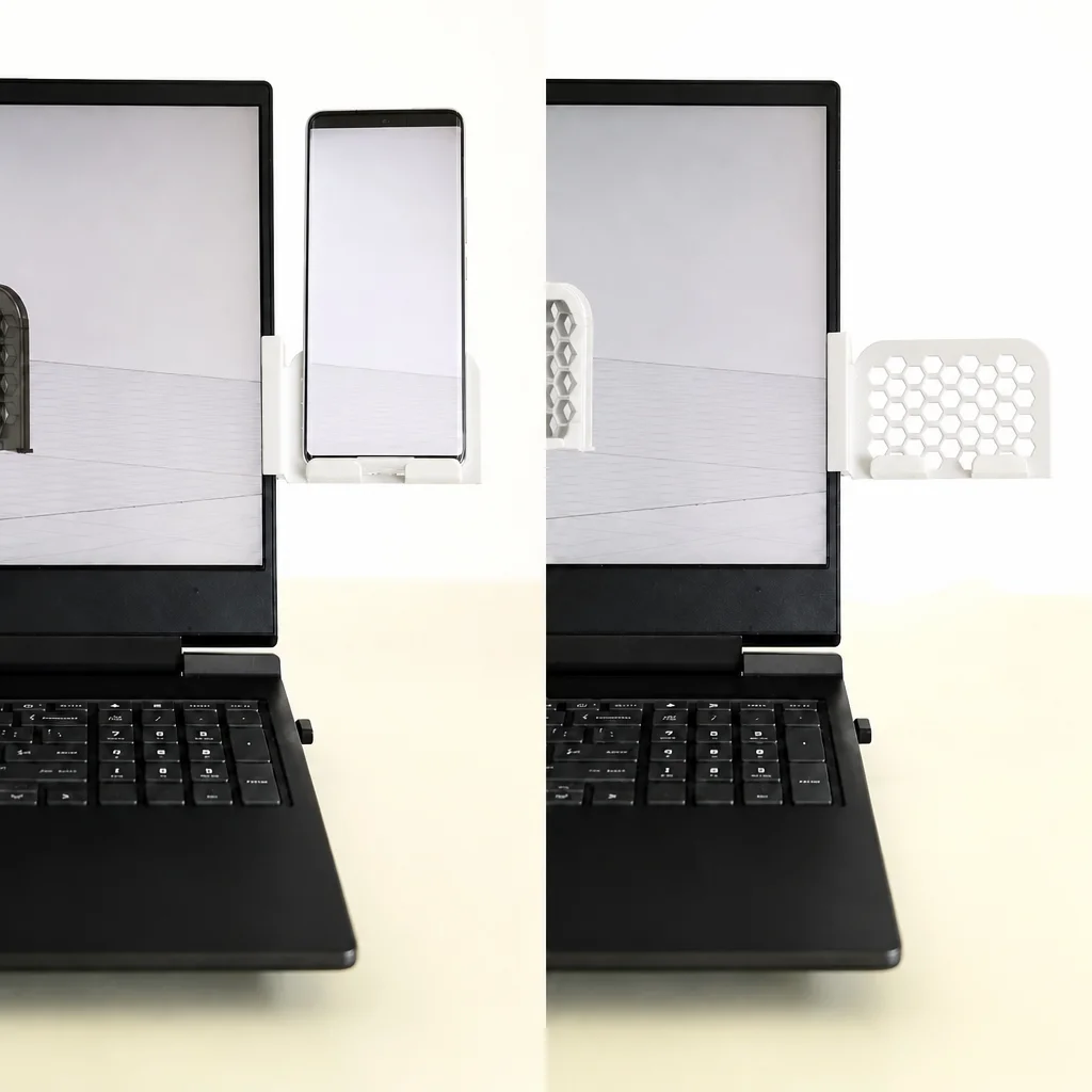 3D Baskı Monitor Telefon Tutucu - Petek Desenli Laptop Kenar Telefon Tutucu-Beyaz