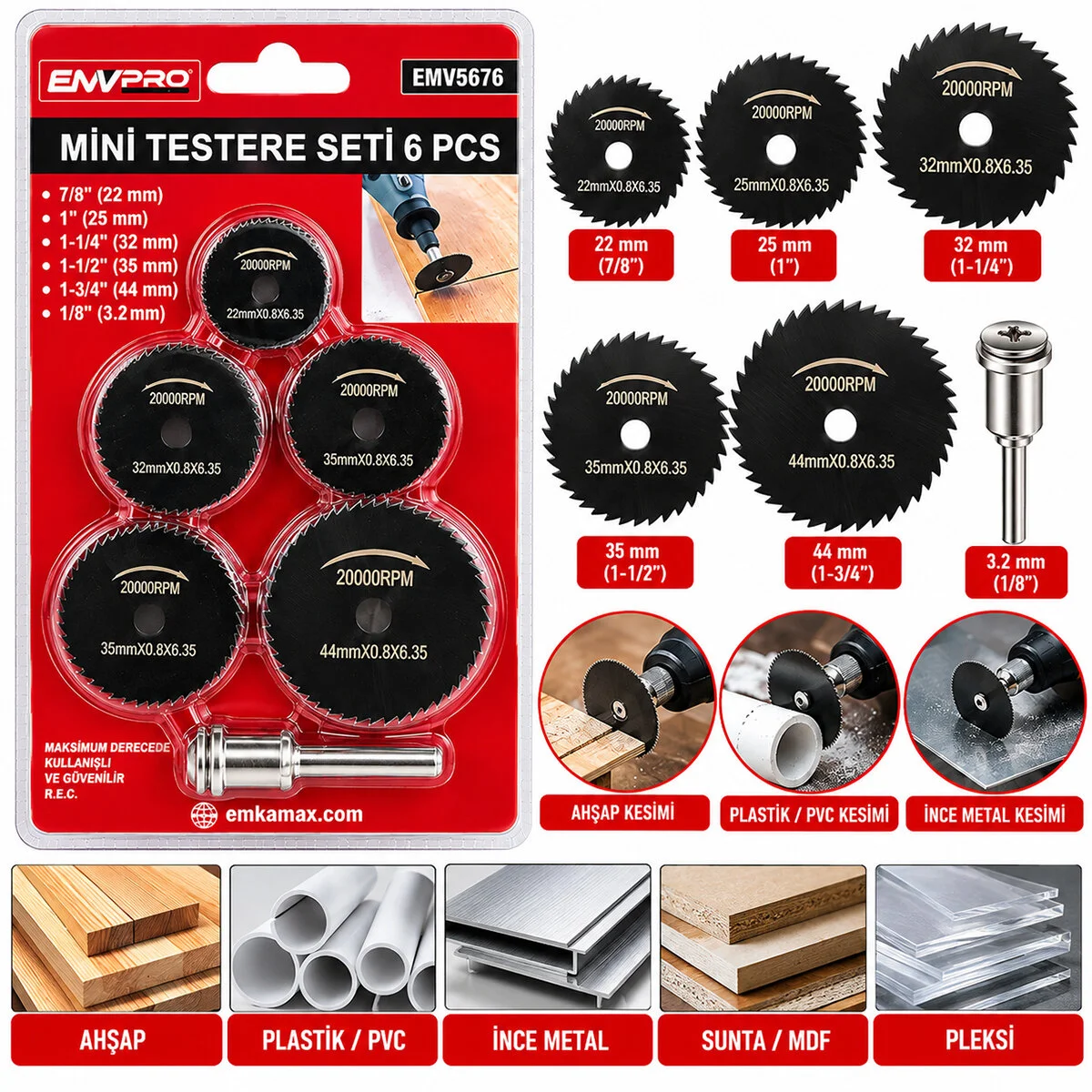 6PCS Mini Testere Set 7/8 INC-22MM - 1 INC-25MM - 1-1/4 INC-32MM - 1-1/2 INC-35MM - 1-3/4 Inc- 44MM - 1/8 INC--3.2MM görsel 2